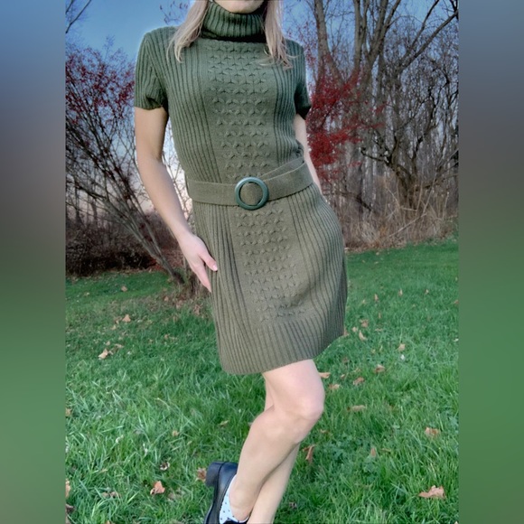 Cotton Candy Cable Knit Belted Green Turtleneck Sweater Dress size XL - Picture 5 of 8